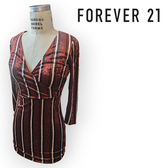 Forever 21; Glam Crushed Velvet Candy Striped Faux Wrap Dress - Small - Picture 3 of 5